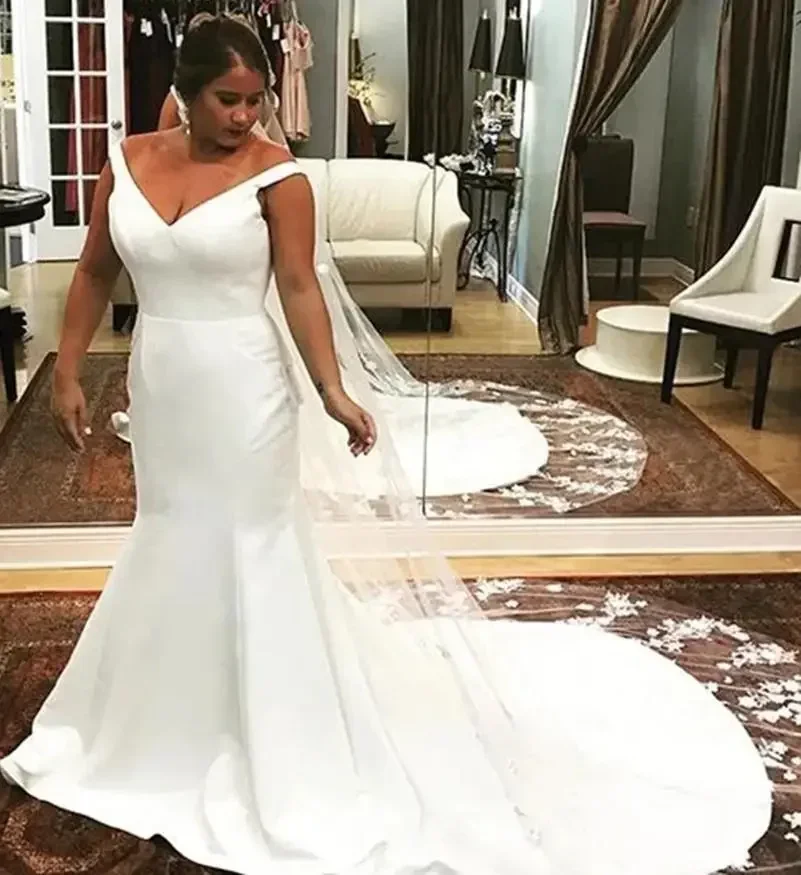 Customized Satin Mermaid Wedding Dresses African Off Shoulder Sexy Backless Long Plus Size Garden Bridal Gowns