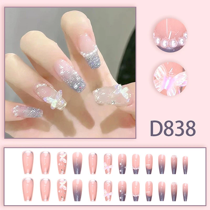 ชุดเล็บปลอมแบบกดติด 24 ชิ้น/ชุด ลายผีเสื้อสตรอว์เบอร์รี่ฝรั่งเศส ลายตาแมว  แบบถอดได้ รูปทรงวงรี ชุดเล็บปลอมครบเซ็ต