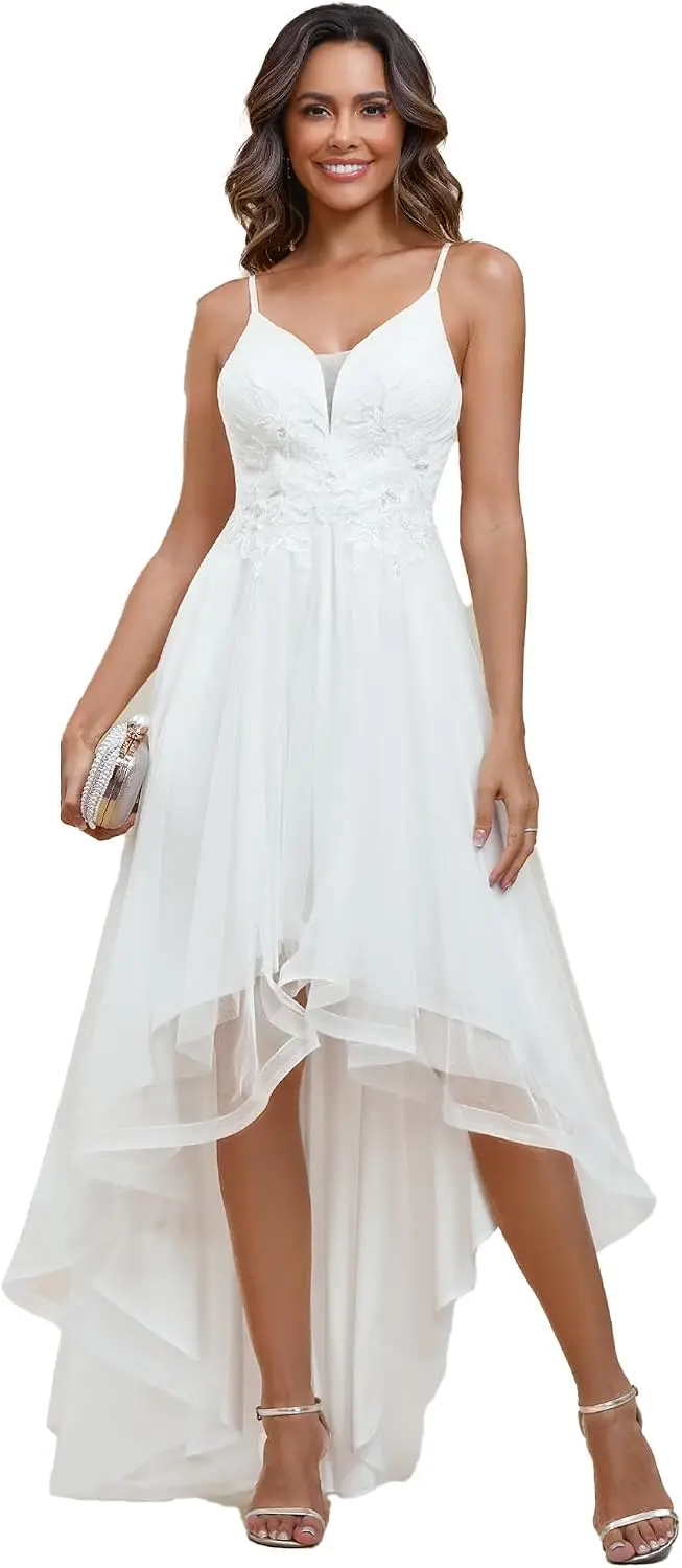 V-Neck Sleeveless Graduation Dress Tulle High-Low A-Line Prom Gown Wedding Guest Dresses