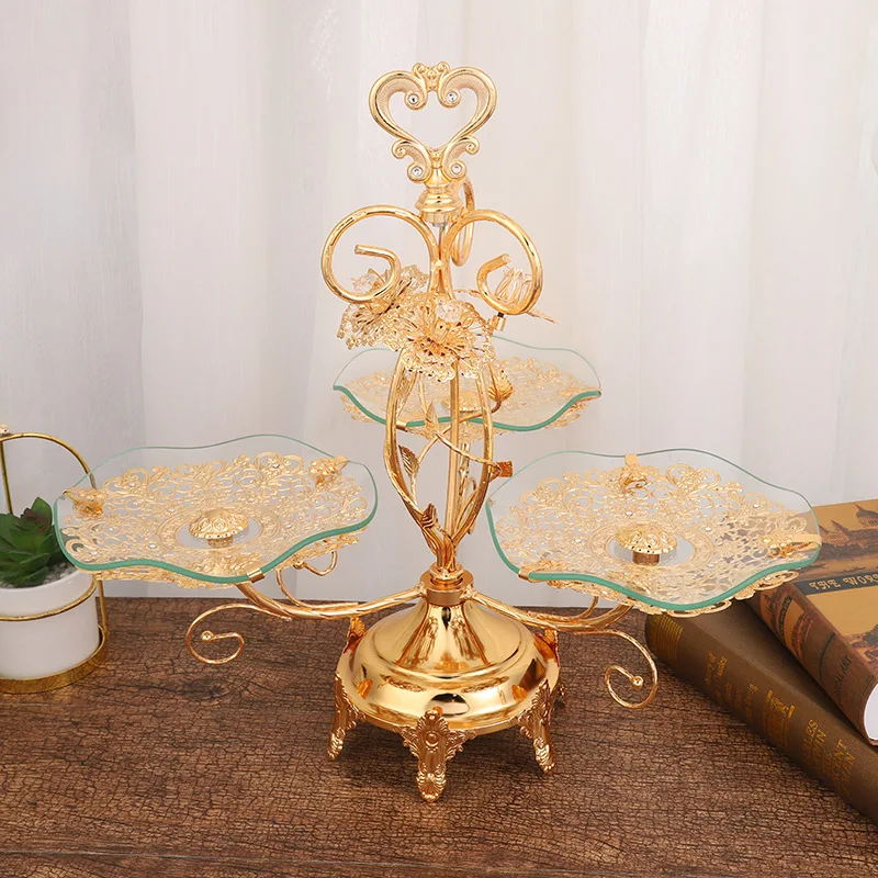 

European style golden three-headed lace fruit basket fruit bowl hotel family living room decorations