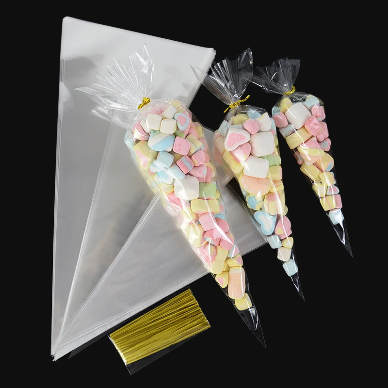 

50Pcs Clear Cone Candy Bags Transparent Cellophane Popcorn Candy Cookies Storage Bag for Wedding Birthday Party Favors Supplies