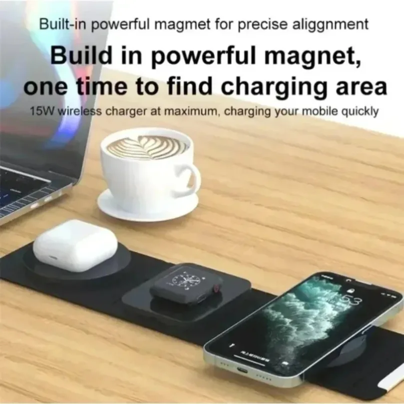 Fabric Art Desk 3-in-1 Magnetisches Kabelloses Ladegerät Faltbare Tragbare Schnellladestation für Magsafe iPhone 16~12 AirPods iWatch