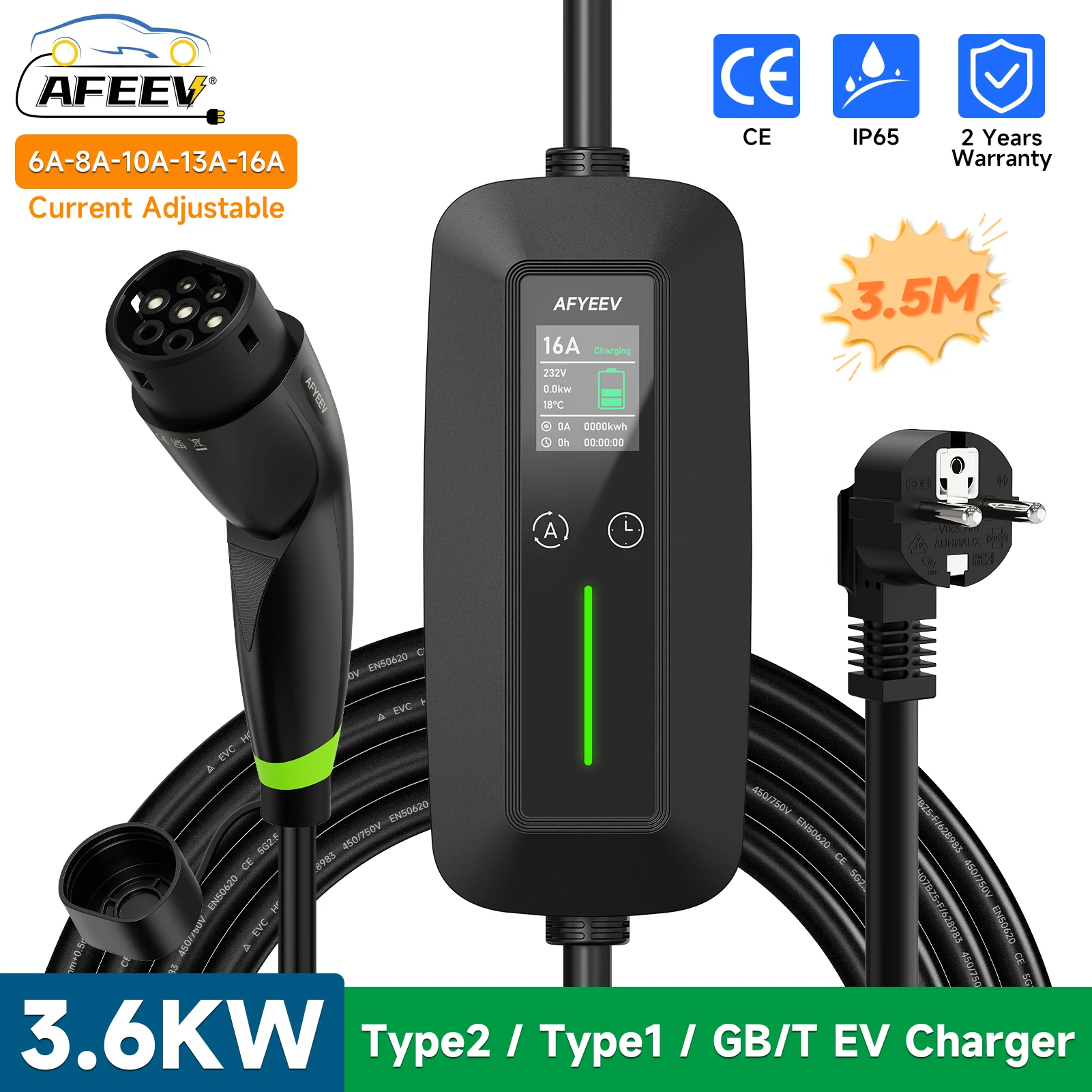 

AFEEV Type1 SAEJ1772 Portable EV Charger 3.6KW 16A Type2 IEC 62196-2 EVSE Charger GBT Car Safe & Reliable Fast Charging Cable