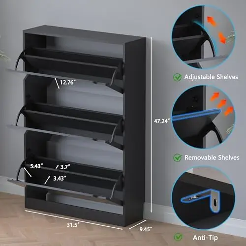 Shoe Cabinet with 3-Flip Mirror Drawers, Freestanding Shoe Rack Organizer with Hidden Handle, Slim Narrow Shoe Storage image 2
