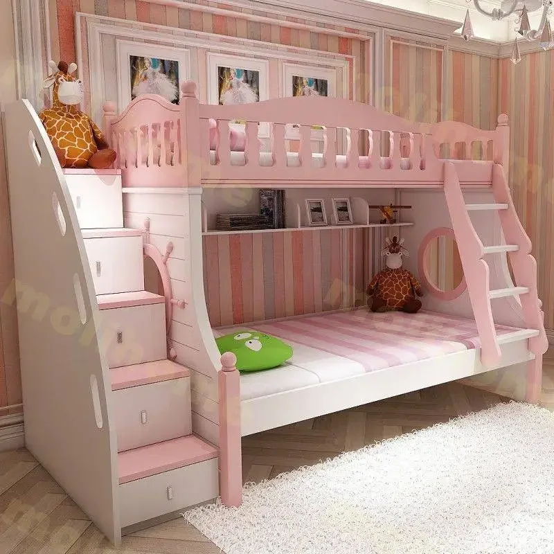 سرير أطفال طفل مونتيسوري سرير أطفال غرفة نوم أطفال تصميم وردي سرير ذو طابقين Letto أثاث أطفال مونتيسوري