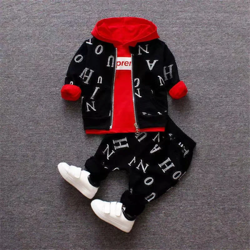 

2024 Spring autumn New Boys Zipper Shirt Three Piece Set Children Baby Full Printed Letters Hooded Long-sleeved Hoodie Set 1-4Y