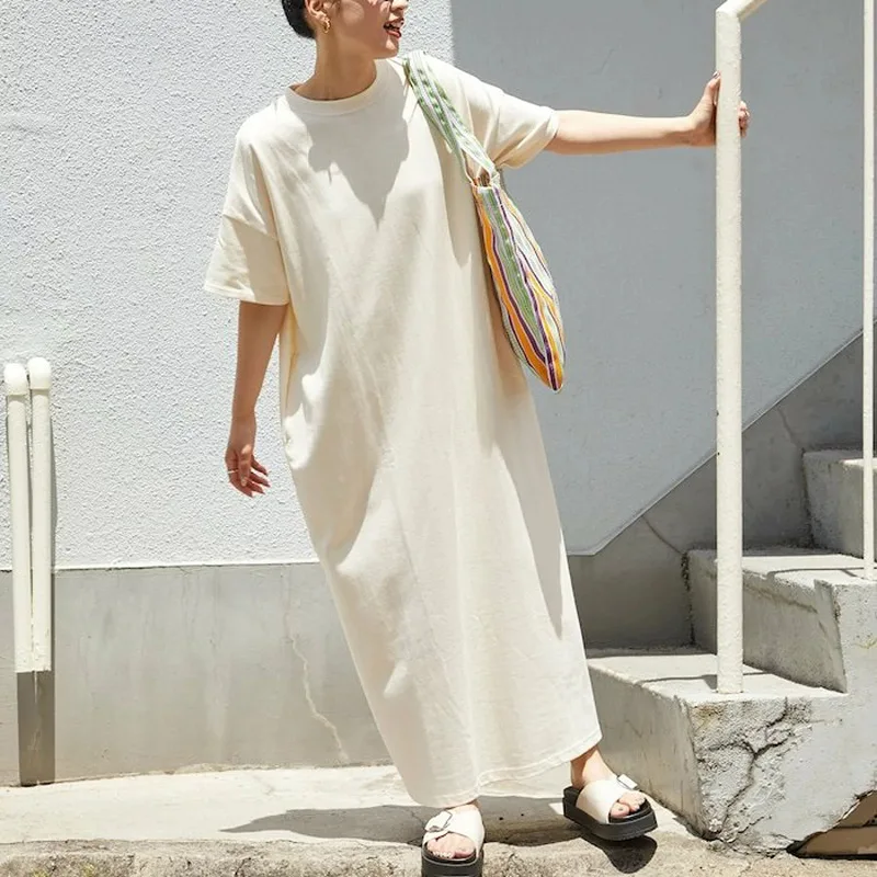 

Japanese New T-shirt Dress Women's Solid Color Lazy Style Fashion High-end Loose and Thin Short-sleeved Skirt