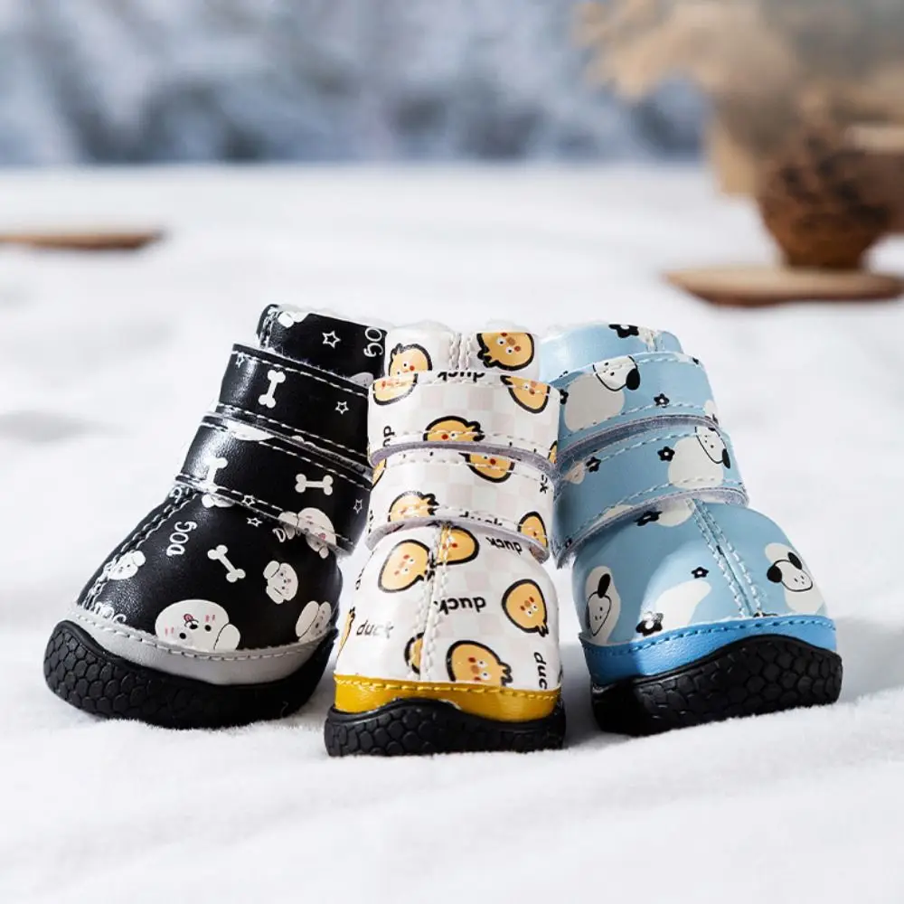 4pcs/set Cartoon Warm Dog Shoes Waterproof Plush Dog Rain Snow Boots Soft Anti-slip Puppy Footwear for Chihuahua Yorkie