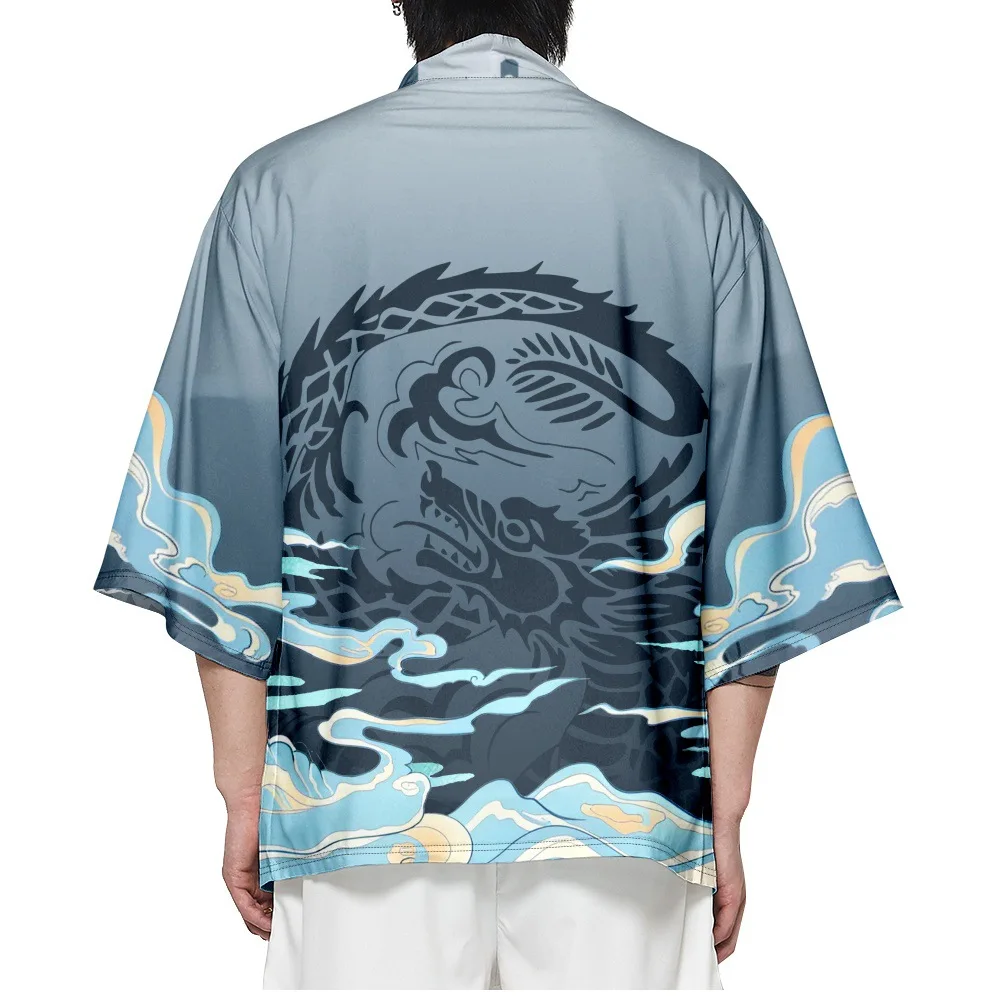 

Fashion Kimono Yukata Men 2023 Summer Beach Kimono Anime Dragon Printed 3/4 Sleeve Shirt Haori Cosplay