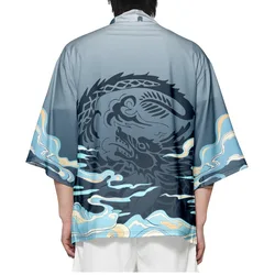 Moda Kimono Yukata erkekler 2023 yaz plaj Kimono Anime ejderha baskılı 3/4 kollu gömlek Haori Cosplay