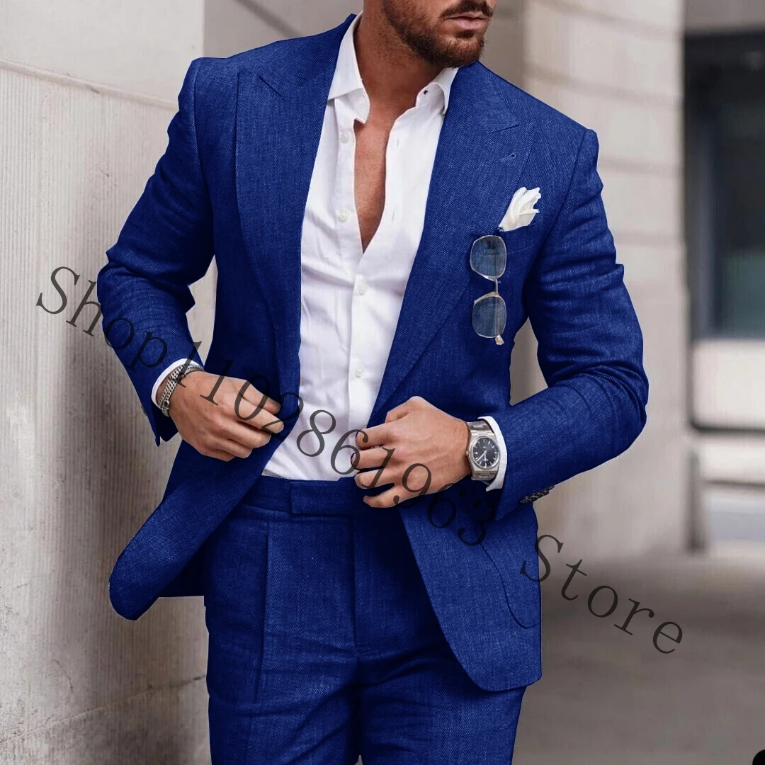 2023 White Linen Suits For Men Slim Fit Peak Lapel 2 Pieces Best Men Groom Wear Wedding Tuxedos Blazer+Pants Trajes De Hombre