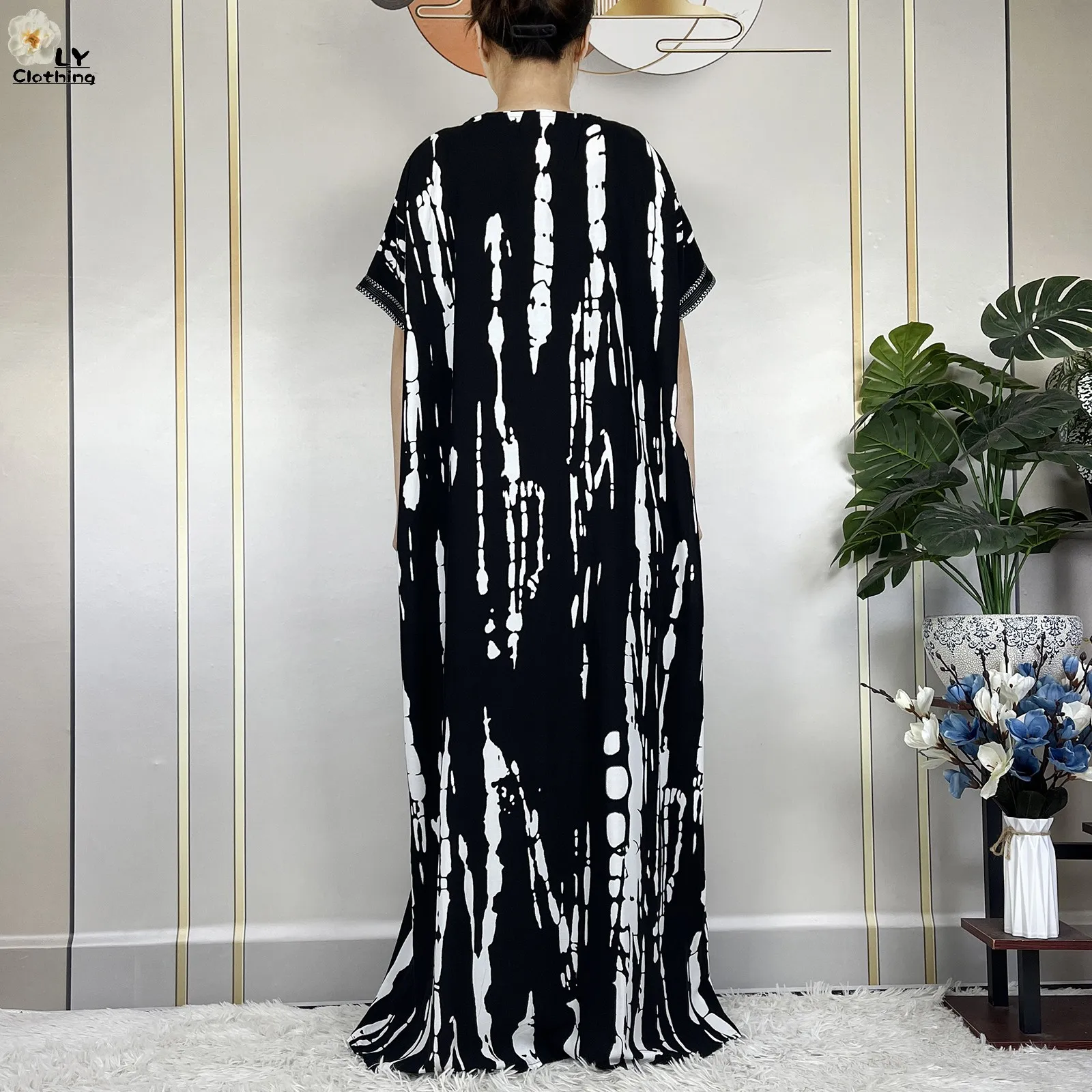 2024 Latest Summer African Lady Dress Cotton Printed Loose Floral Boubou Pocket Maxi Islam Women Short Sleeve Casual Abaya Robe