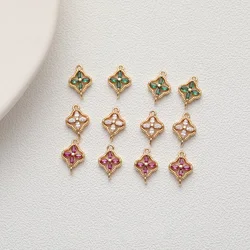 4PCS Delicate Brass Double Holes Four Leaf Zircon Rhinestone Pendant Jewelry Components DIY Findings Material Accessories
