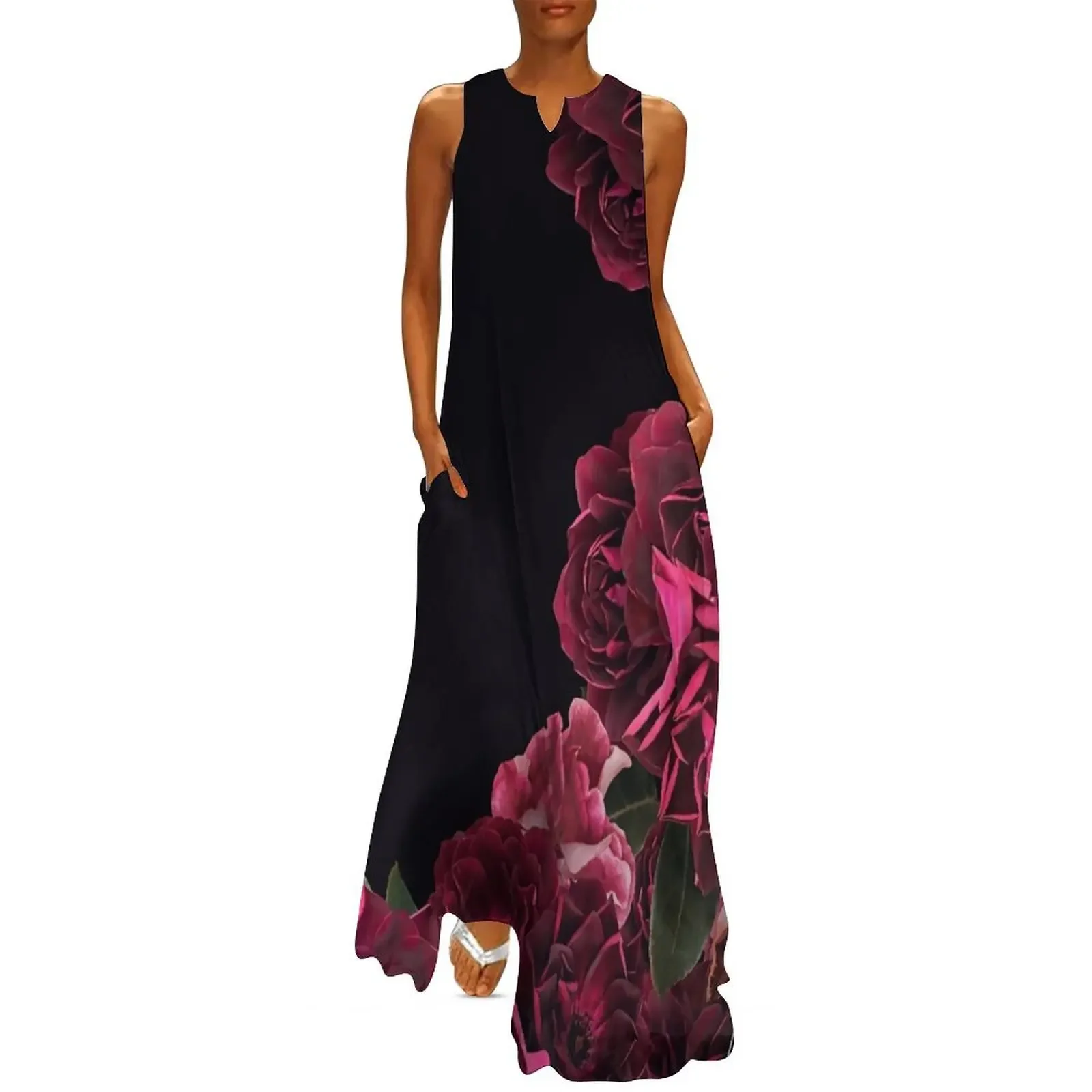 

Dark Red Vintage Roses Botanical Garden on black Nightgarden Long Dress summer dress daily women's summer dress 2025