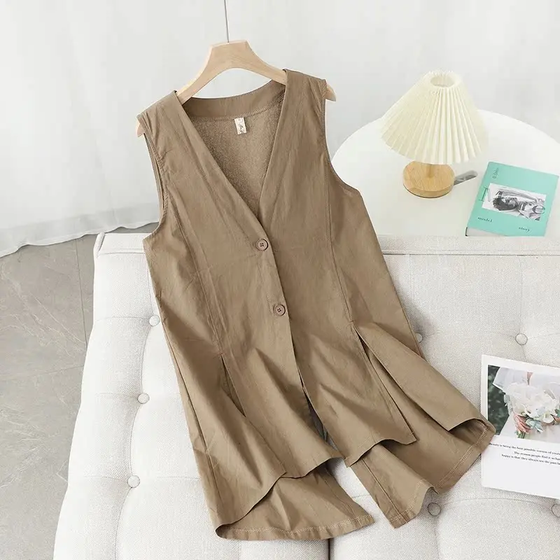 

Women's Cotton Linen Vest Mid-Length Slit Air Conditioning irt Thin V-ne Button Sle Pure Color Commute Pattern