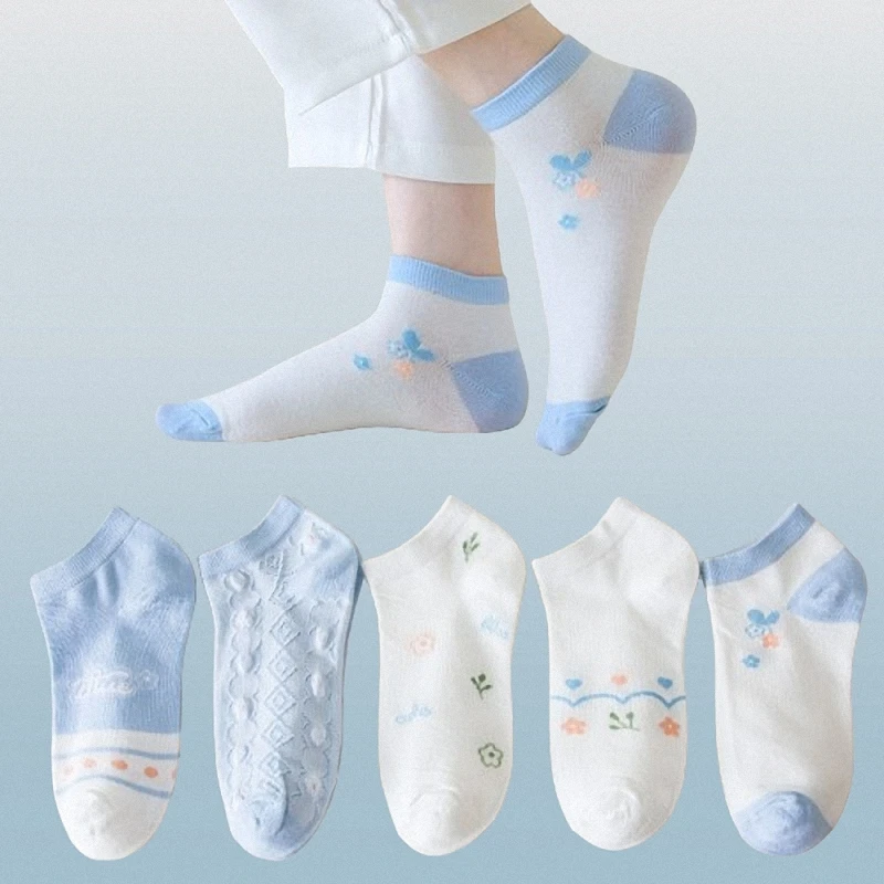 

2024 New Fashion 5/10 Pairs Fresh Small Flower Girls Ladies Shallow Mouth Low Cut Invisible Short Socks Breathable Boat Socks