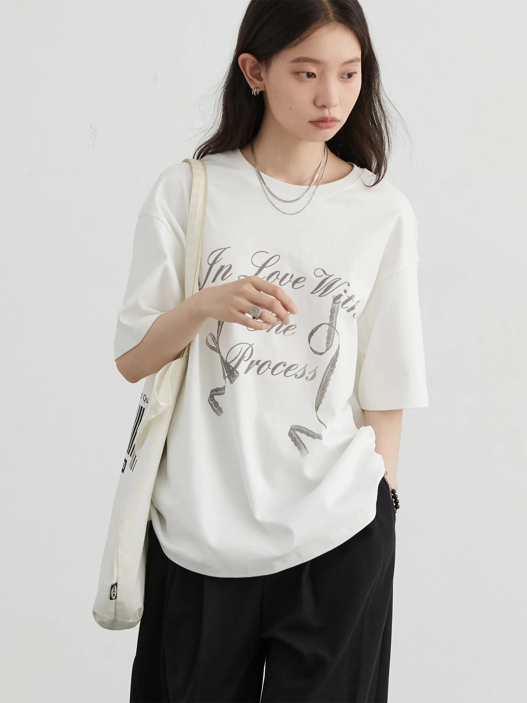 CHIC VEN Women T-Shirts New Minimalist Cotton Letter Printed Knitted T-shirt Loose Short Sleeved Female Top Spring Autumn 2024