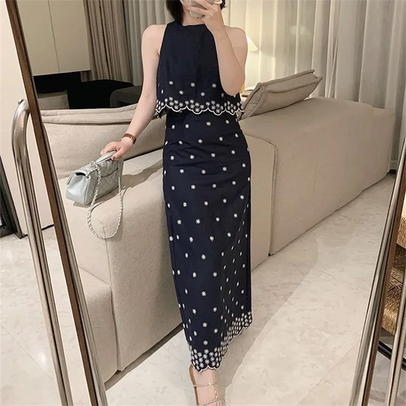 

Новые летние винтажные комплекты из 2 предметов, женские наряды, элегантные топы без рукавов с цветочной вышивкой + комплект юбки-миди с неровным подолом