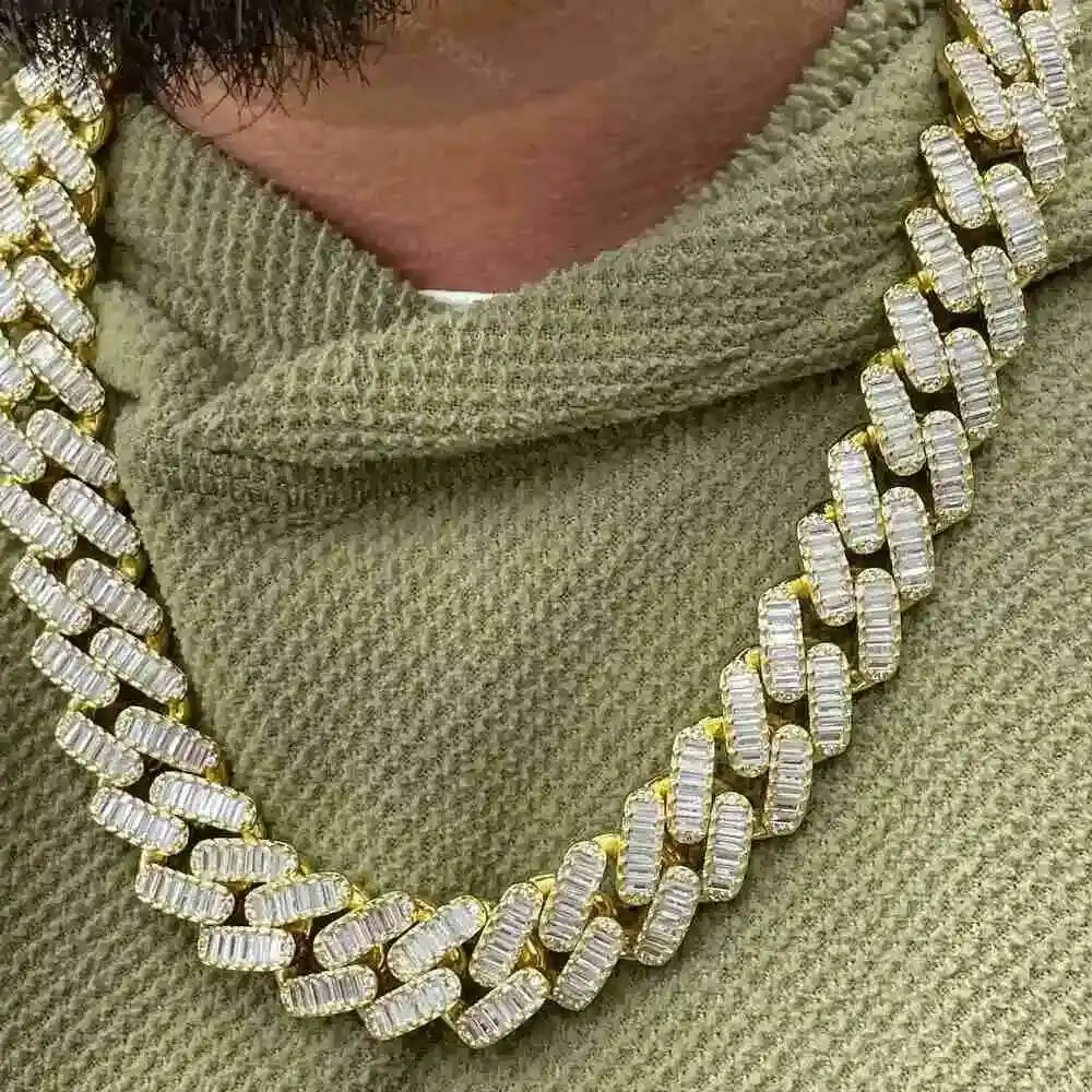 

Arrival Iced Out 15mm 925 Silver Moissanite Cuban Link Chain Heavy Gold Baguette Cuban Link Chain with Gra