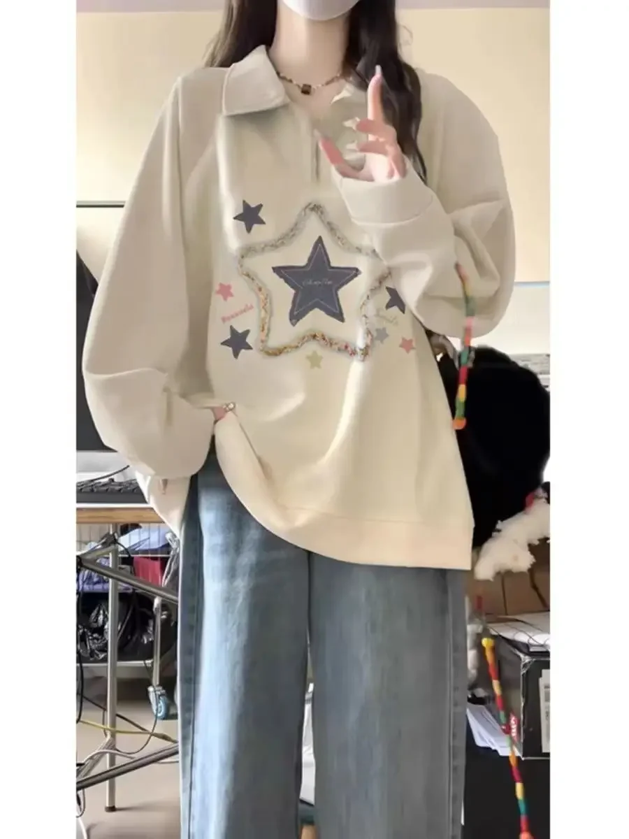 Apricot polo neck sweater women's autumn and winter 2024 new dopamine plus size loose half zipper pullover fashion jacket