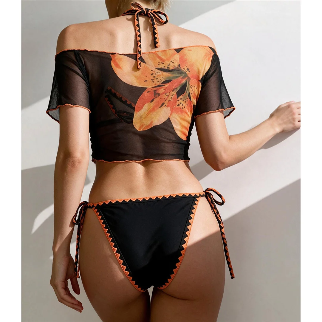 S - XL, mit T-Shirt, Blumenmuster, Bikini, Damen-Badebekleidung, dreiteiliges Bikini-Set, Badeanzug, Badebekleidung, Modell V8537. – Detail 3