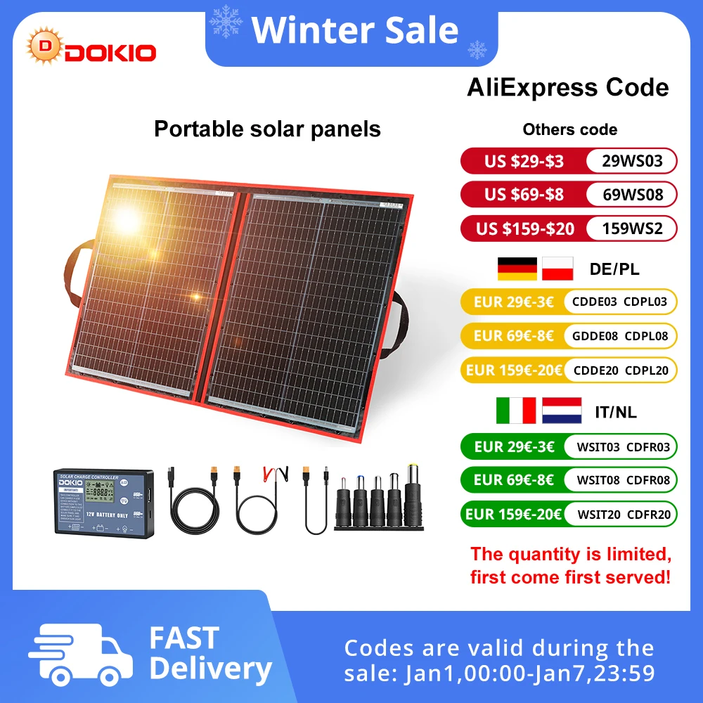 Dokio 18V 100W Flexible Foldable Solar Panel 12V Controller Portable Solar Panel For Camping/Travel/RV