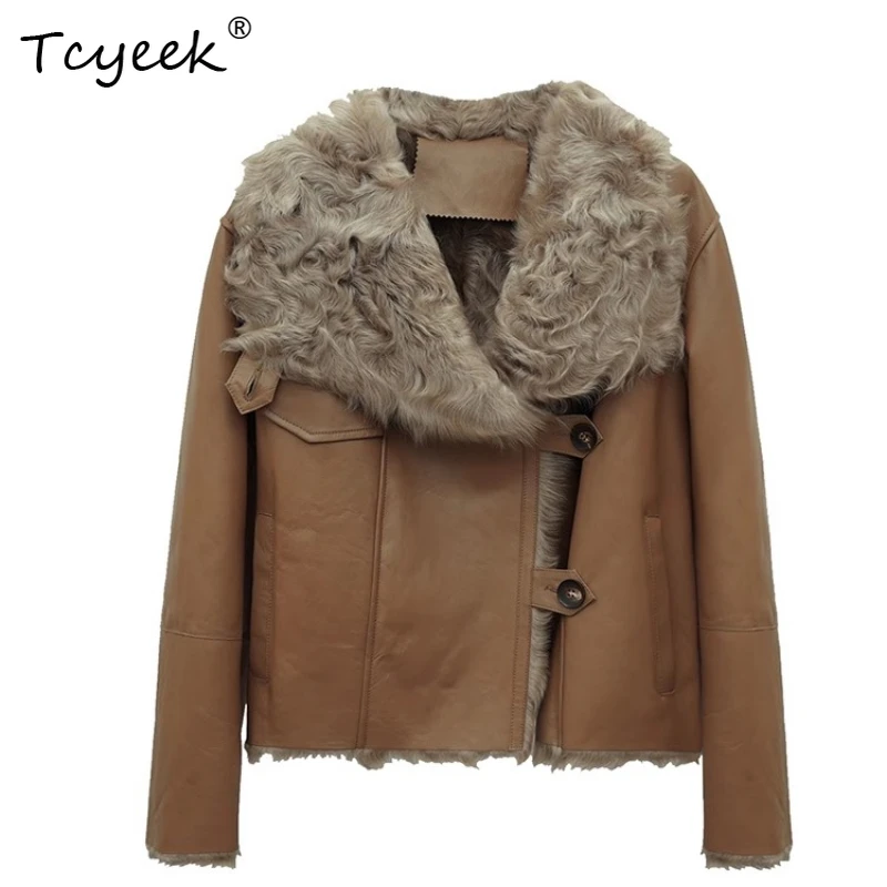 

Tcyeek Genuine Wool Autumn Winter High End Trendy POLO Collar Solid Color Women's Wool Shearling Fur Coat Fourrures Femme