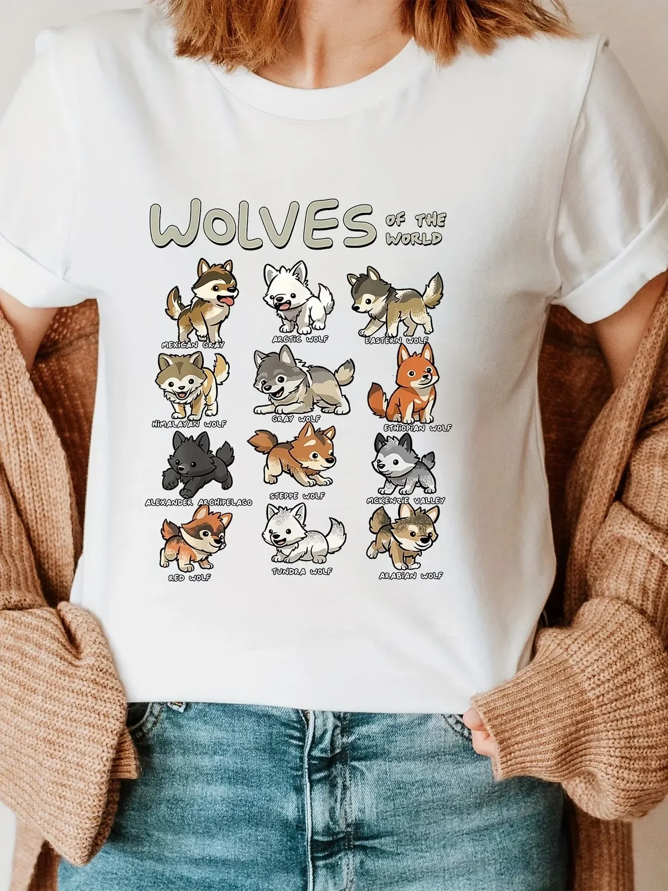 Niedliches Wolfs-T-Shirt, 100 % Baumwolle, Damen-Kawaii-Wolfs-T-Shirt, weiches Oberteil mit Rundhalsausschnitt und kurzen Ärmeln, Tier-Anime-Shirt. – Detail 3