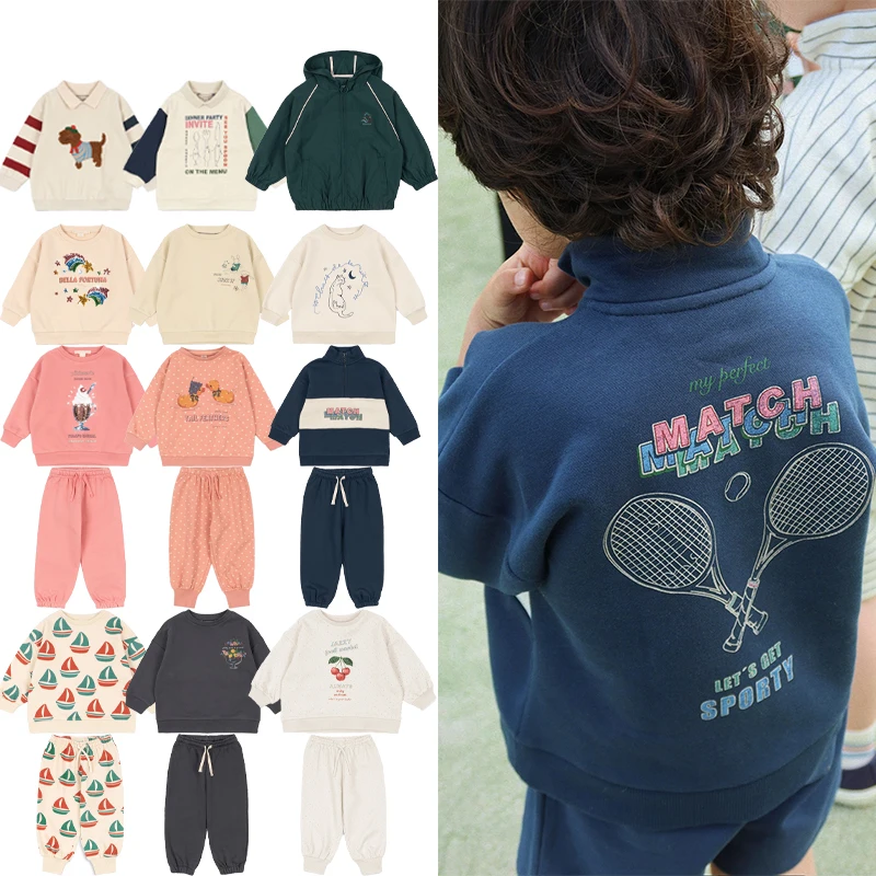 

Children's Set 2026 New Spring Summer KS Boys and Girls Collar Sweatshirt and Pants Set Kids Printed Round Neck Hoodie Set