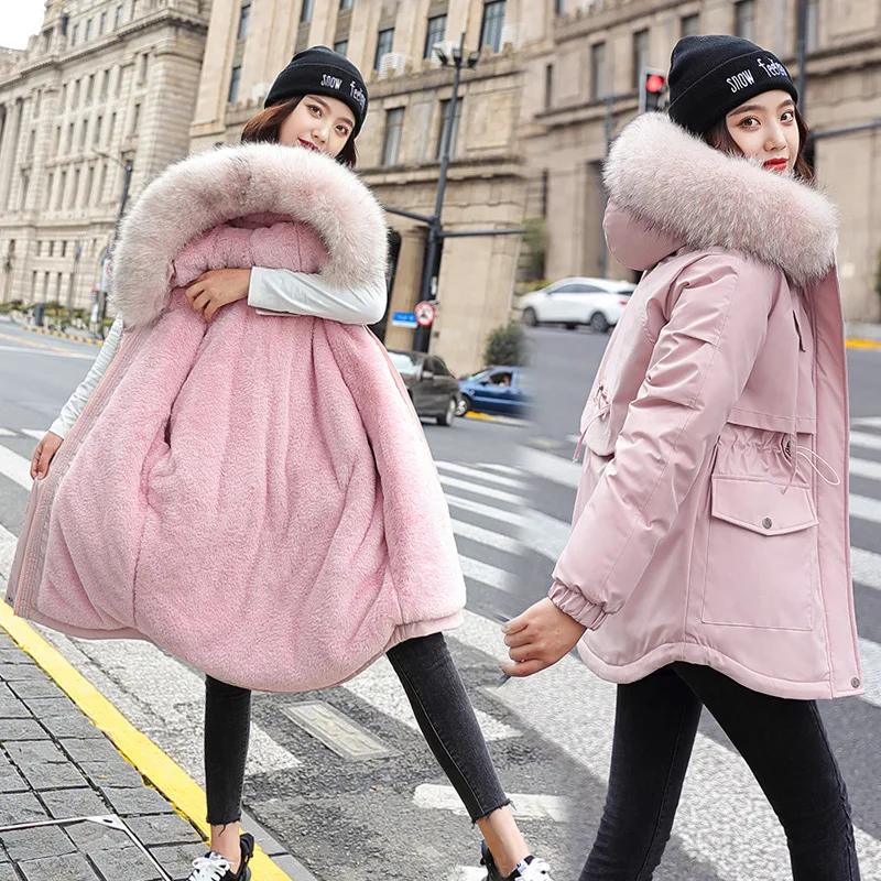 

Women Hooded Parkas Coats Mid Lenth Jackets Oversize Solid Fur Collar Zipper Drawstring Loose Elegant Casual 2025 Autumn Winter