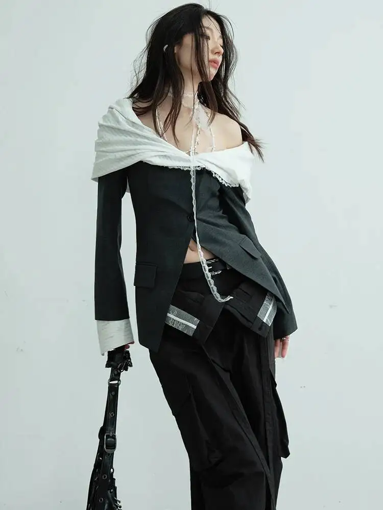 Gray Women Dark Color-block Irregular Slim Blazer New Slash Neck Long Sleeve Jacket Fashion  Spring Autumn 2026 BNPO