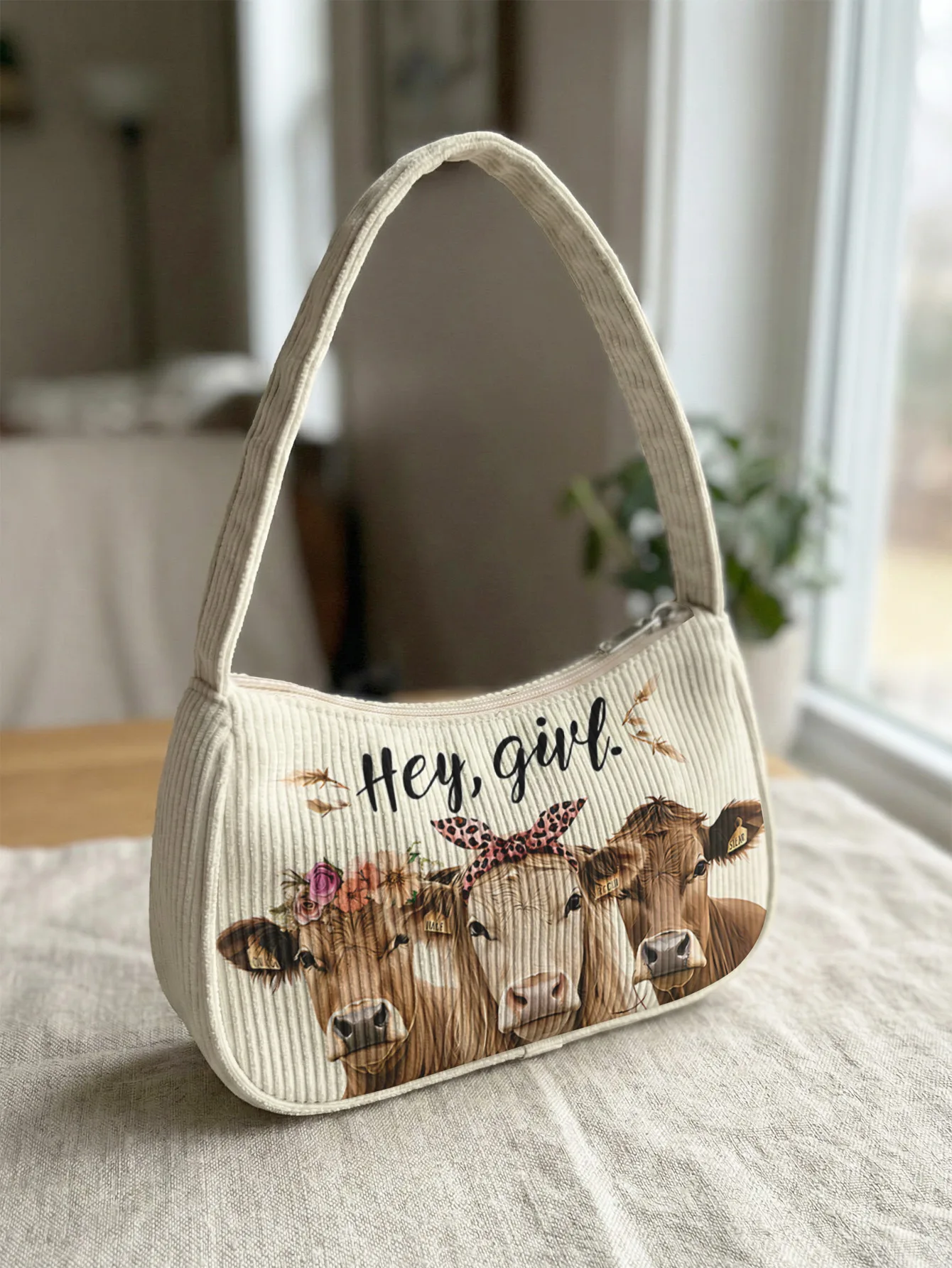 Cute Highland Cow With Floral Bandana And Hey Girl Text Print Shoulder Bag, Corduroy Underarm Bag For Daily Casual Use
