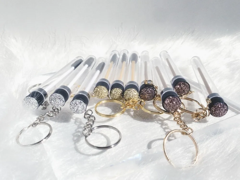 Gold Reusable Eyelash Brush Tube Keychain Plastic Lash Spoolie Container Glitter Cils Mascara Wands Keyring