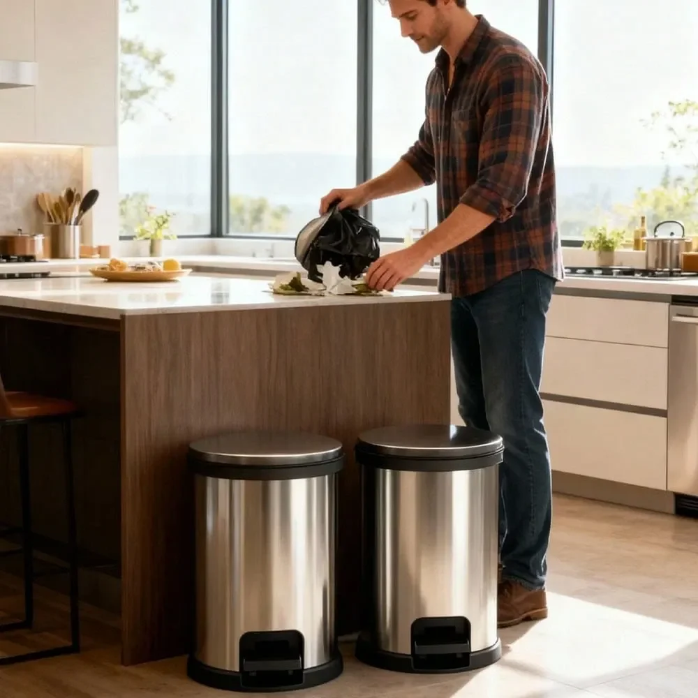 

Pack Kitchen Bathroom Trash Can, 1.5 Gallon, Plastic Round Step Garbage Bin, Silver