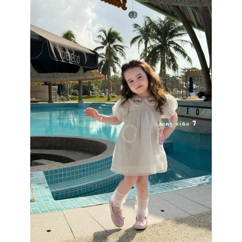 

Titanium Bear Children's Clothing Wholesale for Girls26Summer Collection Orange Little Seven90-130Ruffled Collar Puff Sleeve Dre