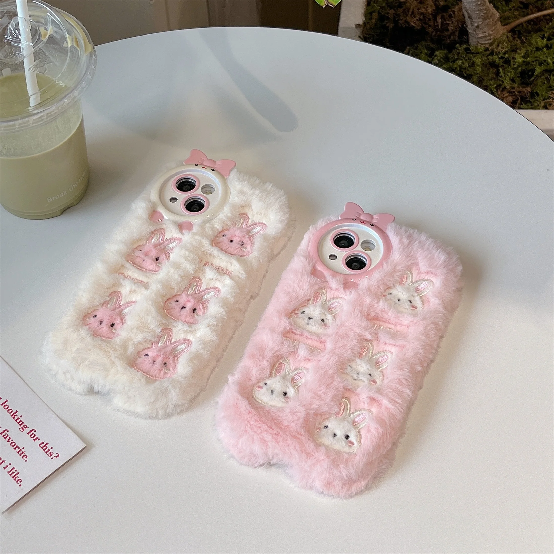 Cute Pink White rabbit Fur Fluffy Phone Case for iPhone 14 11 13 12 14 Pro MAX 14plus Warm Cartoon Plush Soft Tpu Back Cover