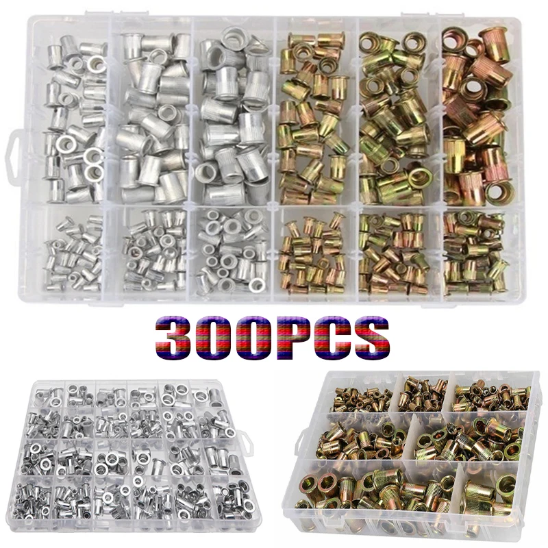 300pcs M3 M4 M5 M6 M8 M10 M12 Zinc Plated Aluminum Rivet Nuts Set Nutserts Threaded Insert Nutsert Cap Flat Head Rivet Nuts