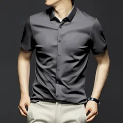 Summer ice silk short-sleeved shirt men's stretch iron-free silky shiny men's top cardigan shirt