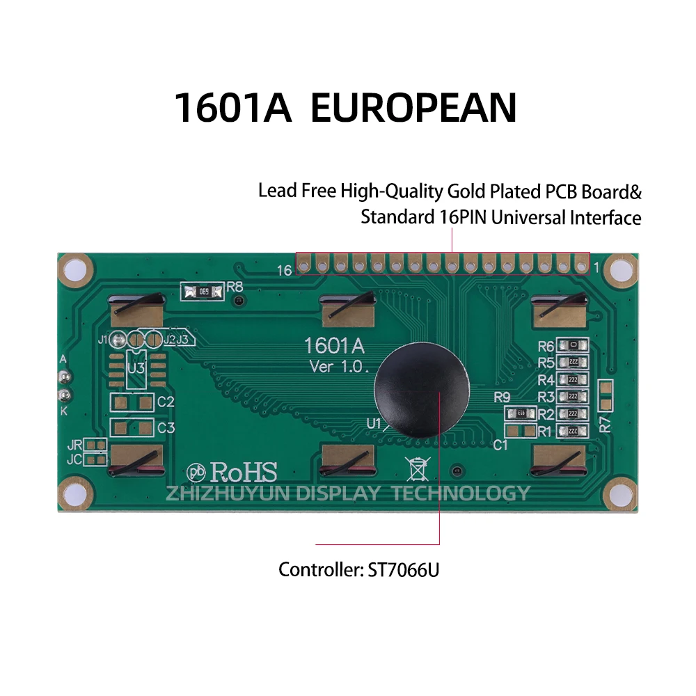 1601A European Character LCD Module Monochrome Yellow Green Film Controller ST7066U 16*1 Monochrome Screen LCD Display