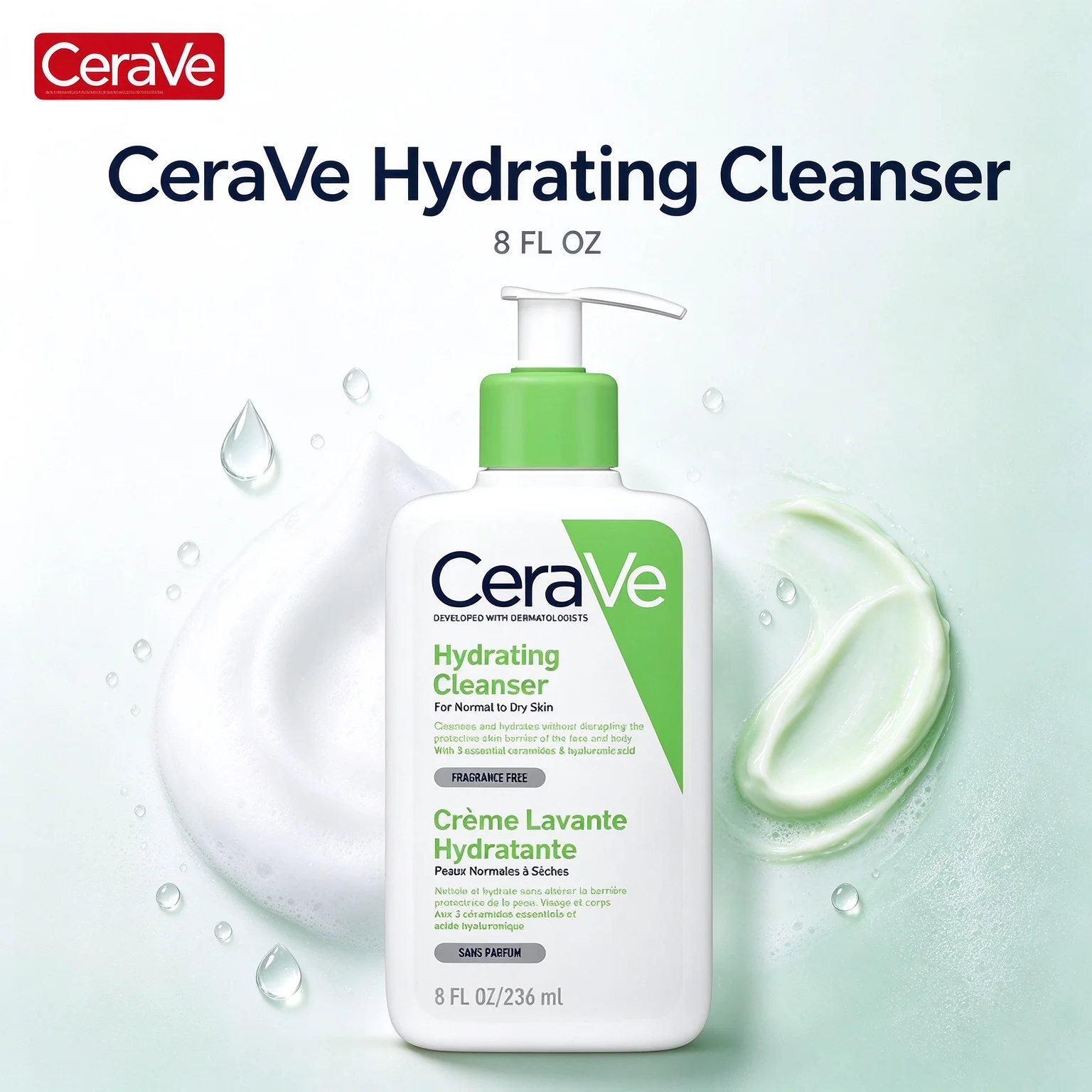 CeraVe Crème Lavante Hydratante, Hydrating Cleanser For Normal to Dry Skin, Fragrance Free 8 FL OZ (236ml)