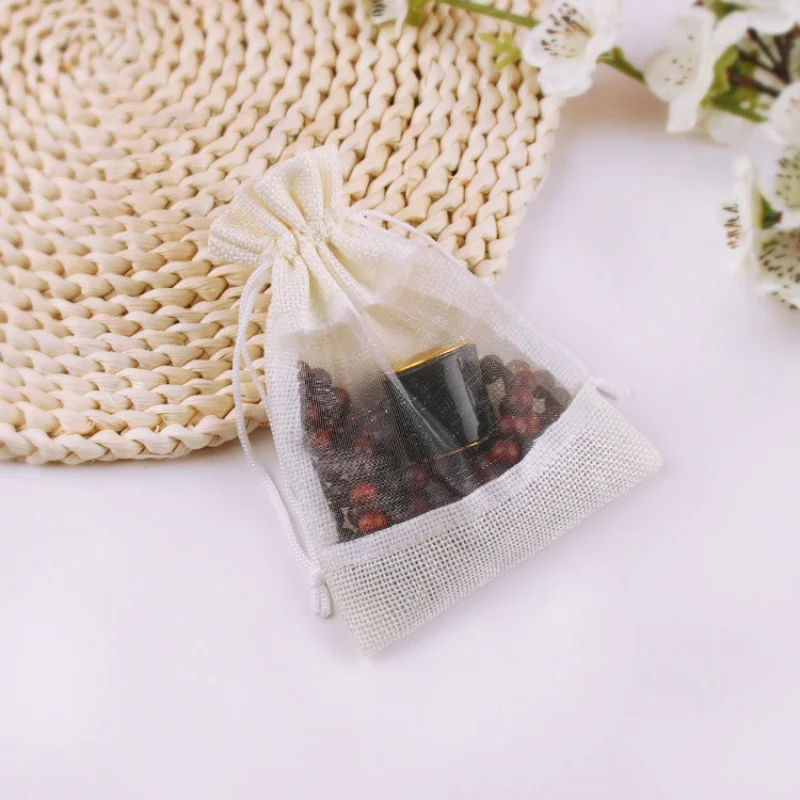 10Pcs/Lot Premium Burlap Gift Drawstring Bags with Transparent Organza Window Christmas Wedding Favors Party Jewelry 10*14cm