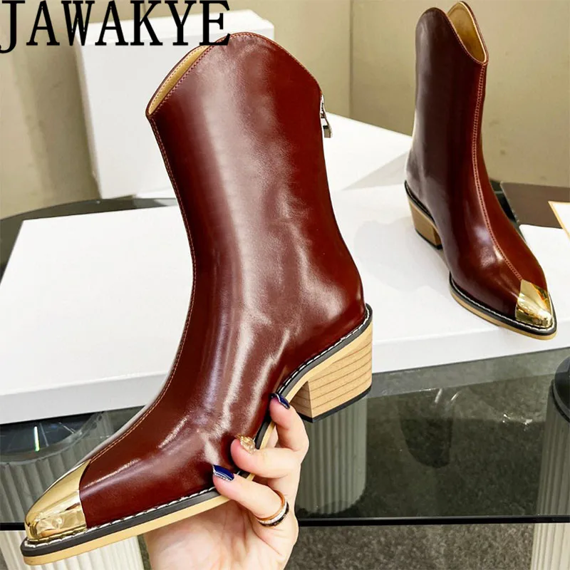 Vintage Wooden Effects Heel Western Boots Designer Women\'s Shoes New Suede Leather Mid Calf Boots Pointed Metal Toe Ankle Boots