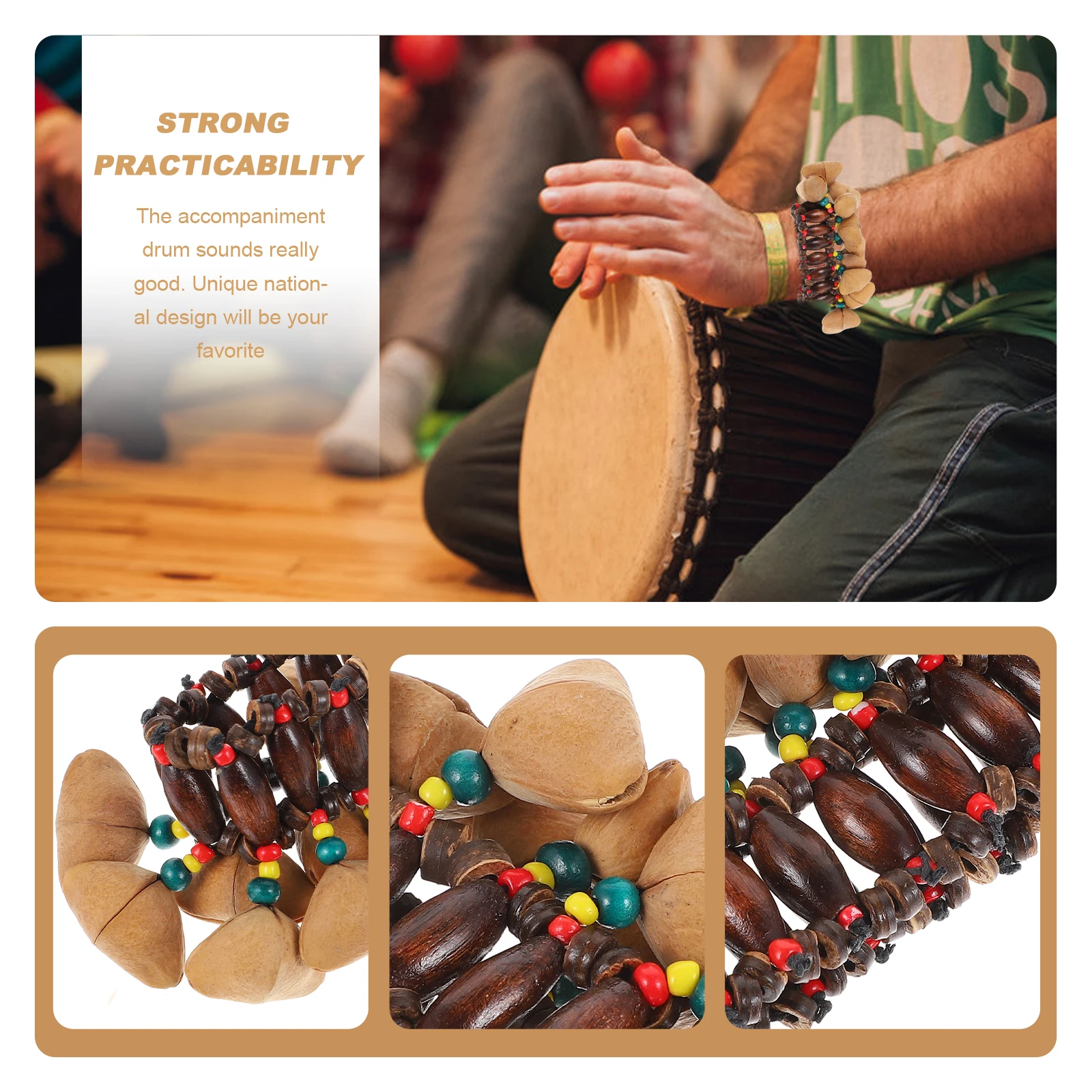

Nutshell Tambourine Kids Musical Instruments Bright Color Durable Material Special Design Wooden Bell Bracelet African Drum