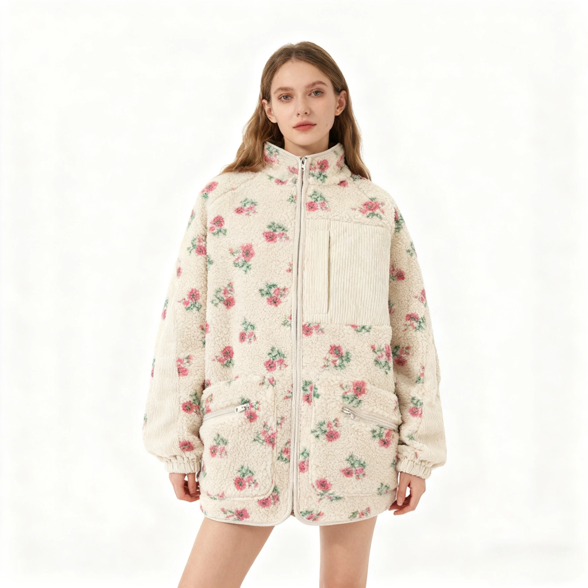 Yaminiya Mode Wolle Fleece Blume Warm Zipper Pullover Jacke Stehkragen Lose Jacke Verdickt Herbst/winter Frauen Kleidung
