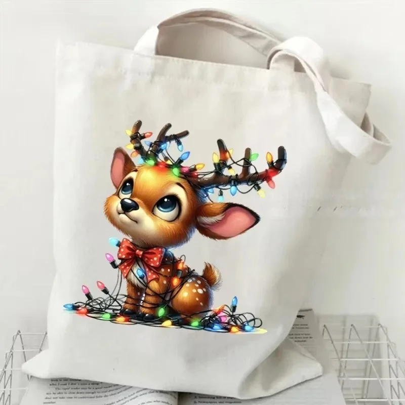 Cute Christmas Deer Canvas Tote Bag Watercolor Fawn Wrapped Xmas Lights Print Shoulder Handbag Holiday Shopping Bag