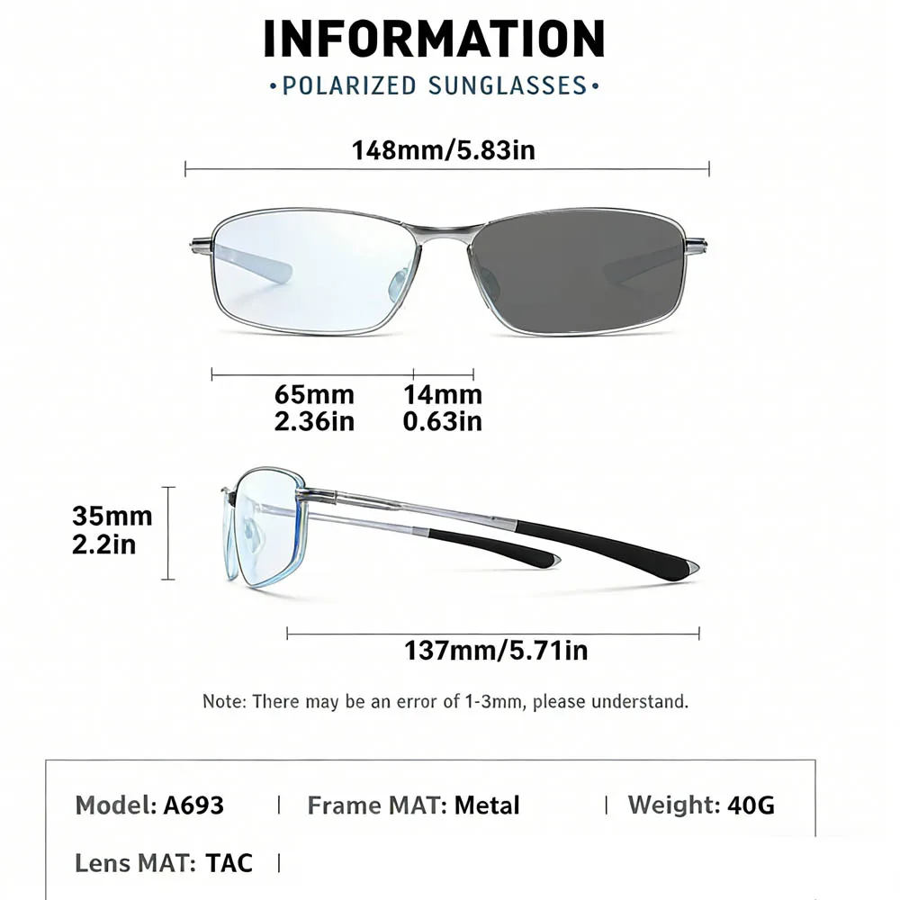 Metall-Quadratbrille mit photochromen Gläsern für Herren, modische Fertigbrille mit klaren Gläsern, Fahrbrille mit negativer Dioptrienzahl – Detail 10