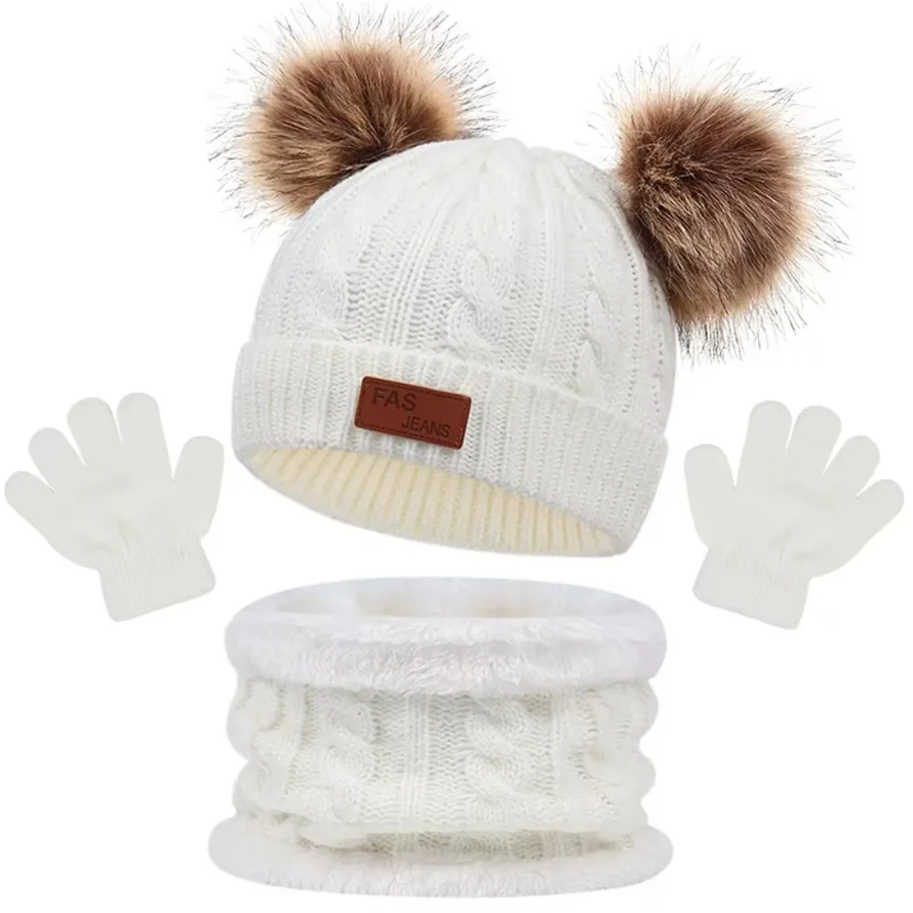 

3pcs Solid Color Baby Hat Scarf Gloves Set Outdoor Warm Windproof Toddler Bonnet Thicken Infant Accessories Pompom Knitted Hats