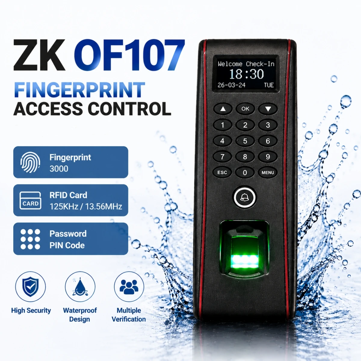 ZK OF107 Fingerprint Access Control System IP65 Waterproof Door Access Controller TCP/IP RFID Card Password