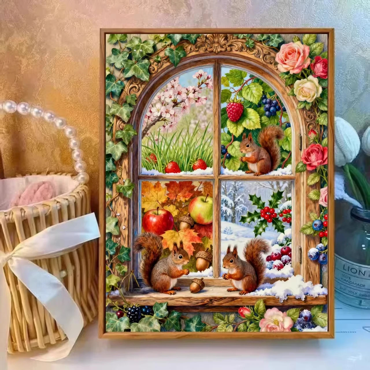 Vier-Jahreszeiten-Eichhörnchen-Tiermotiv 5D DIY Diamantmalerei-Set für Heimdekoration, Bastelgeschenk, Mosaik, vollständiges Bohrset, Leinwandkunst-Set