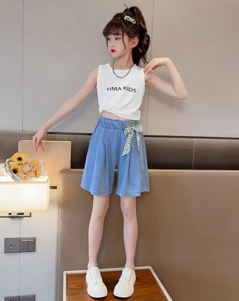2026 Summer Thin Girls' Denim Skirt Shorts Kids' Lightweight Breathable Casual Pants with Adjustable Waist Stylish Cotton Blend